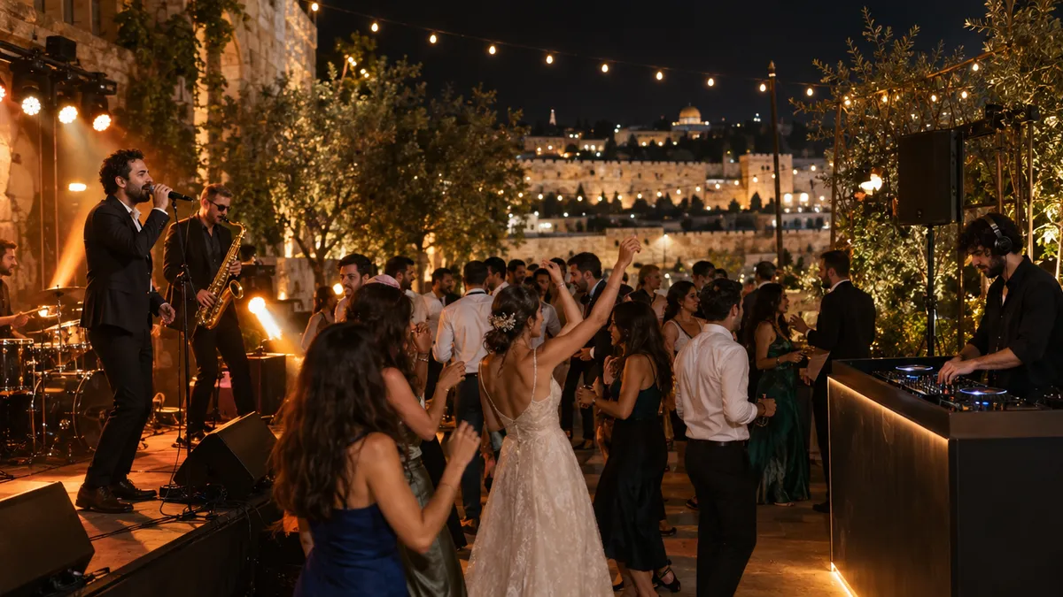 להקה מנגנת על במה ליד עמדת דיג'יי מוארת, מול רחבה מלאה, המחשה להחלטה בין דיג'יי או להקה לחתונה