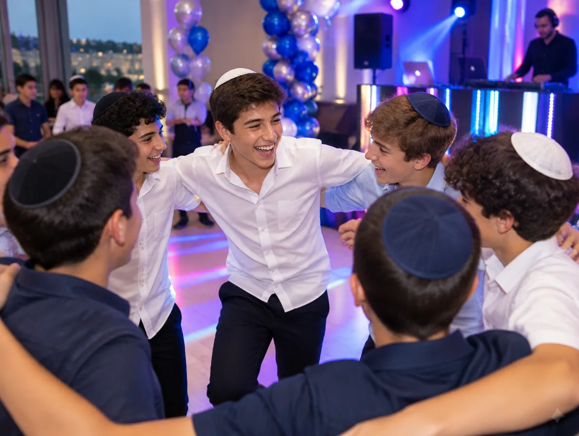 חתן בר מצווה רוקד במעגל עם חברים באולם אירועים